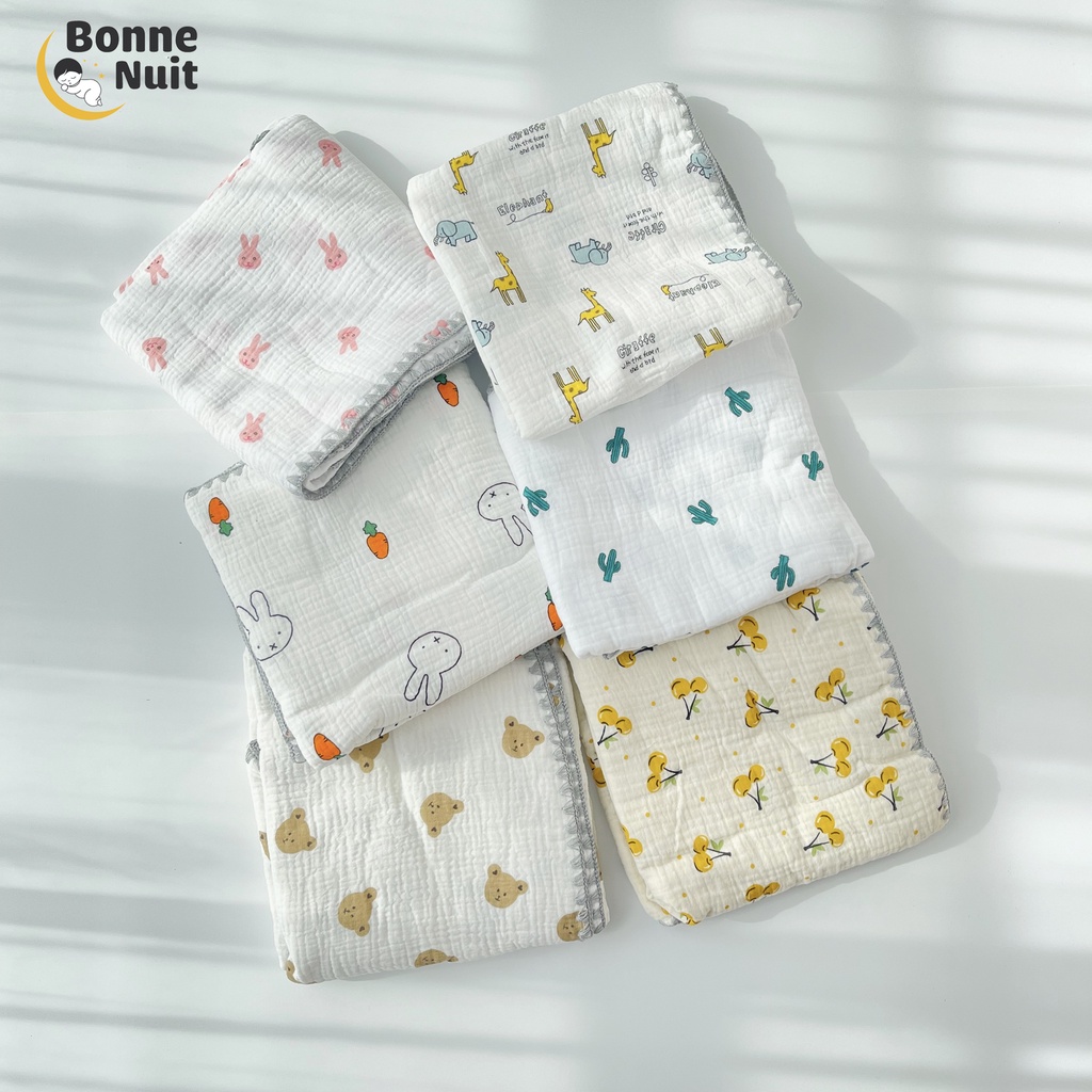 Chăn xô 4 lớp Bonne nuit cao cấp  chăn hè cho bé từ sơ sinh  2 mặt đều có hoạ tiết  90*90cm