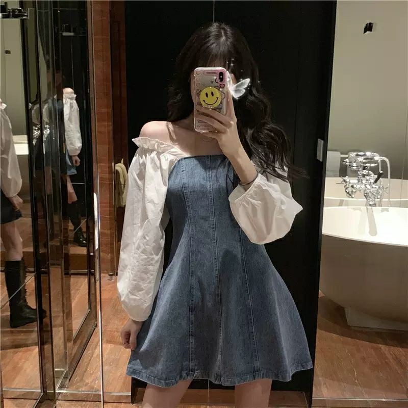 Váy Đầm Bò Jeans Denim Dáng Xòe Ngắn Váy Jean Bánh Bèo Váy Trễ Vai Tay Dài Nữ Kiểu Hàn Quốc Váy Đi Chơi VB002