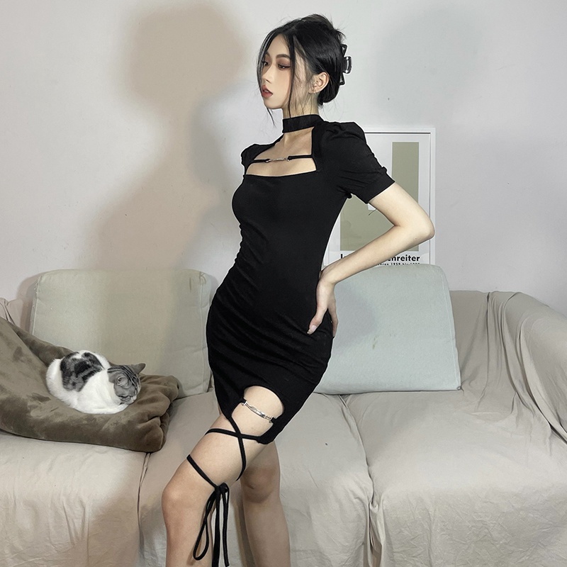 Đầm ôm dáng mini KLIOU tay ngắn cổ điển gợi cảm thời trang mùa hè kiểu Pháp cho nữ