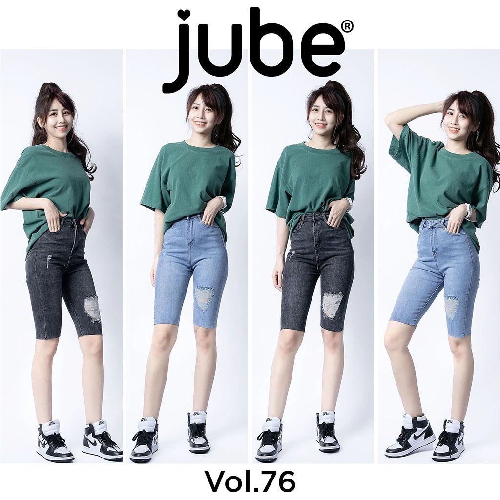 Quần Jean Ngố Nữ Lưng Cao JUBE Vol.76, Quần Lửng Nữ Skinny Rách Cắt Gấu Vải Jeans Giãn Hack Dáng, BST Signature Jeans