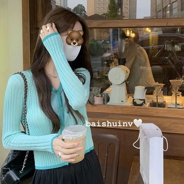 Áo cardigan ZHELIHANGFEI dệt kim tay dài cổ chữ V lưng cao dáng ôm dễ phối đồ sành điệu