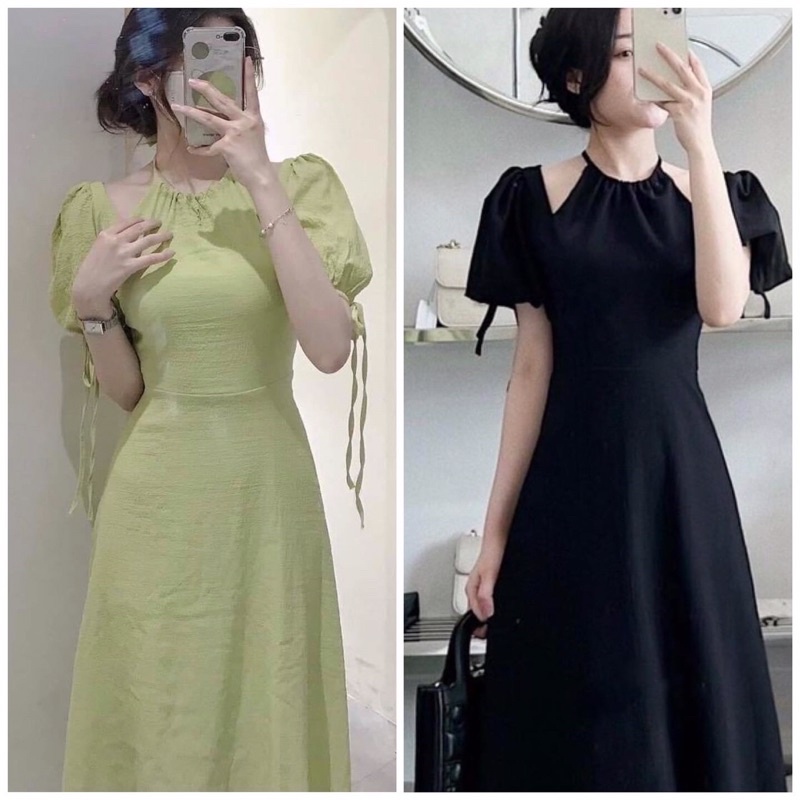Đầm Cổ Yếm Maxi Tay Bồng Cột Nơ Xanh Bơ