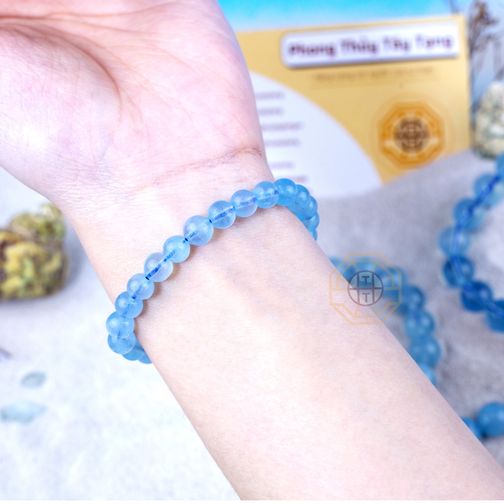 Vòng tay phong thủy Aquamariine  Xanh dương tự nhiên [TẶNG HỘP GỖ] cho nữ mệnh Thủy - Mộc - Phong Thủy Tây Tạng
