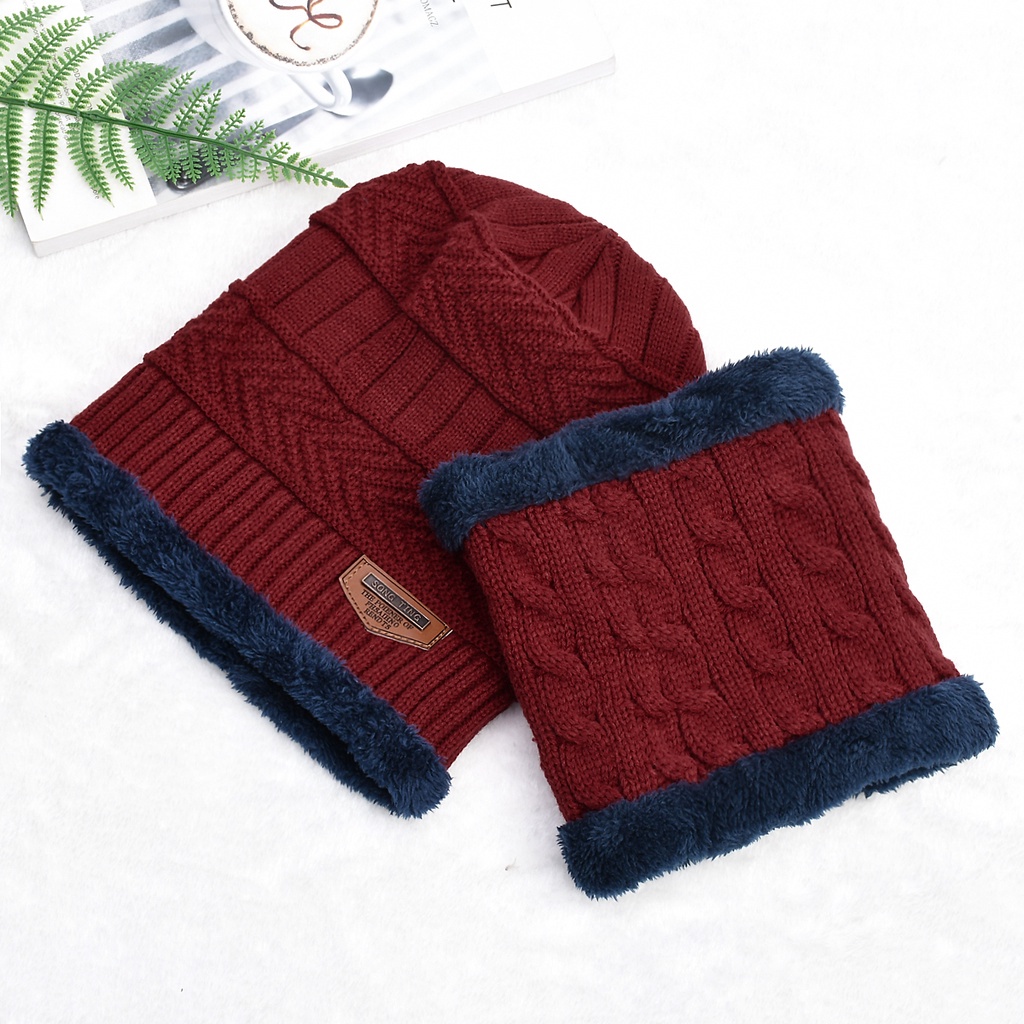 Mũ Beanie Kiêm Khăn Choàng Cổ Dệt Kim Giữ Ấm Mùa Đông Cho Nam Nữ
