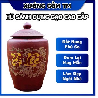 Hũ sành đựng gạo, chứa thực phẩm khô màu nâu đỏ chữ Tài Lộc gốm sứ Bát Tràng dung tích 8-10-15KG