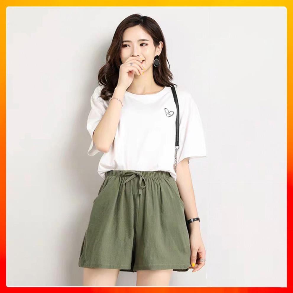 Quần short nữ siêu mát cạp chun chất đũi nhẹ mát thời trang Banamo Fashion quần sooc đũi nơ 623