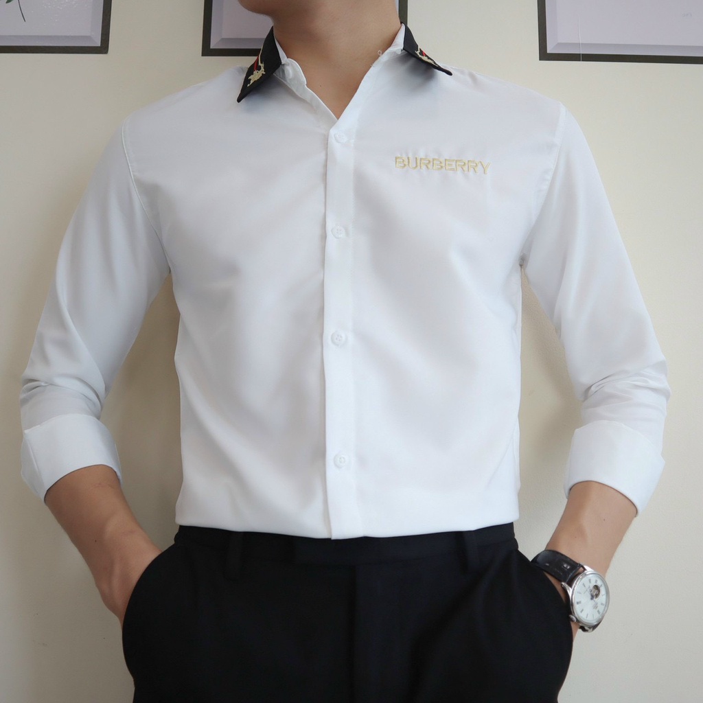 Áo sơ mi nam tay dài hàn quốc thêu BBR vải cotton lụa thoáng mát,chuẩn form,sang trọng-AHFASHION