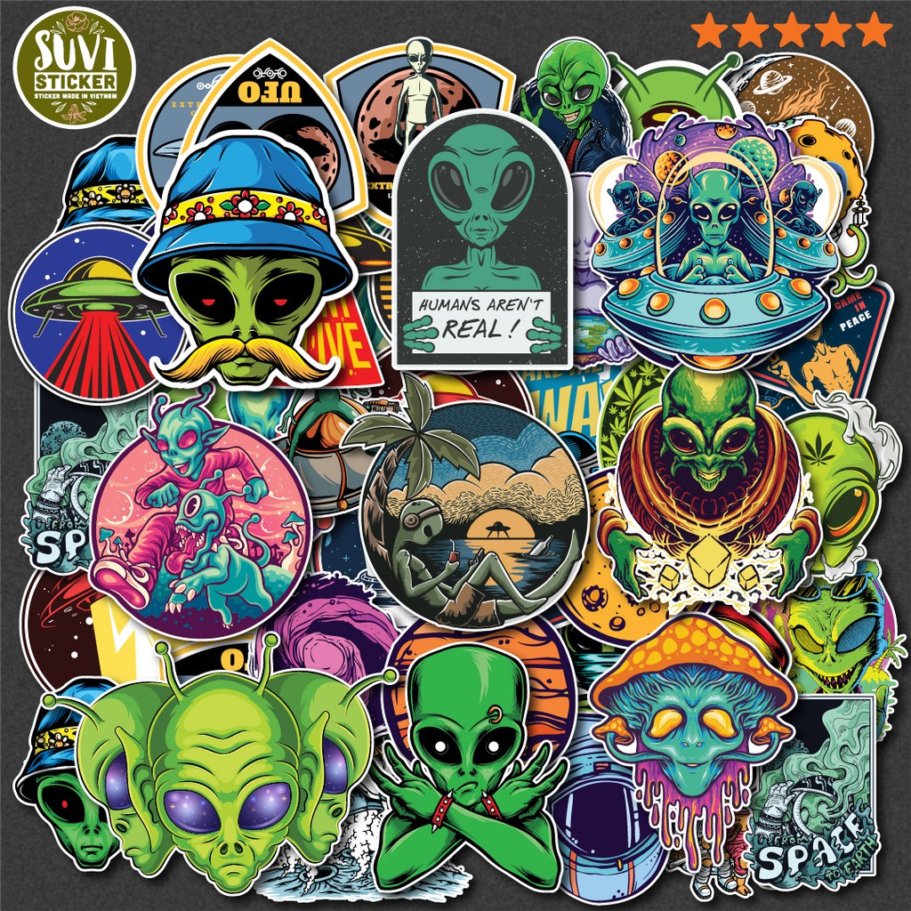 50 Sticker Alien chống nước sticker dán mũ bảo hiểm, laptop, điện thoại, đàn guitar, vali. MSP: NS02