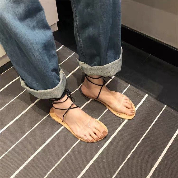 Fashionable Round Head Lace Up Open Toe Low Heel Flat Sandals for Women