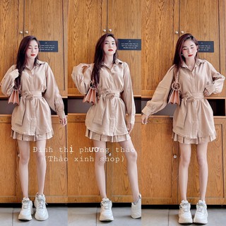 SET ÁO SƠ MI ĐŨI KÈM ĐAI MIX CHÂN VÁY XẾP LY