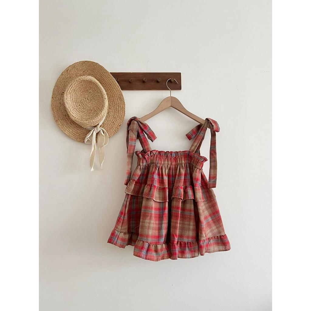 Áo Hai Dây Kẻ Caro Đỏ Có Dây Buộc, Áo Kiểu Nữ Dáng Babydoll