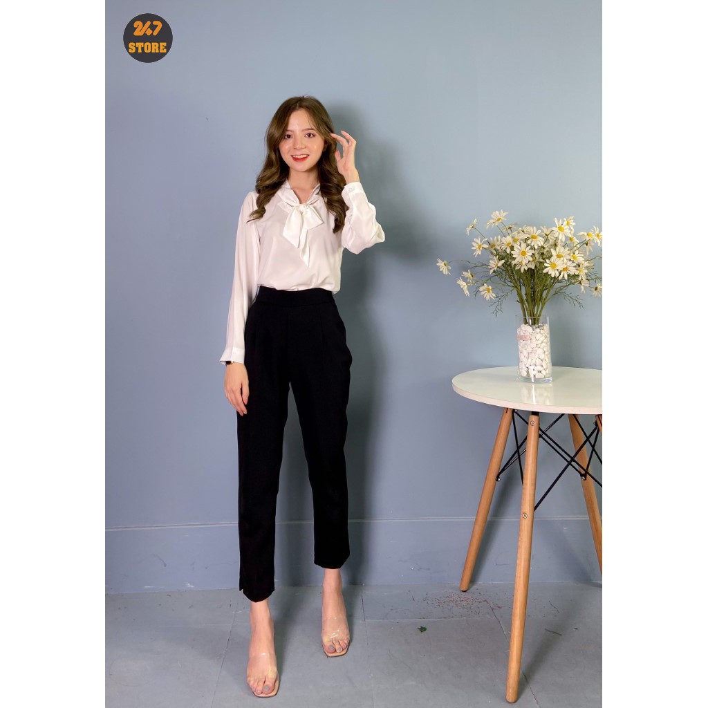 Quần tây nữ baggy công sở M024(3 màu), dáng dài, cạp cao, xẻ gấu 247STORE