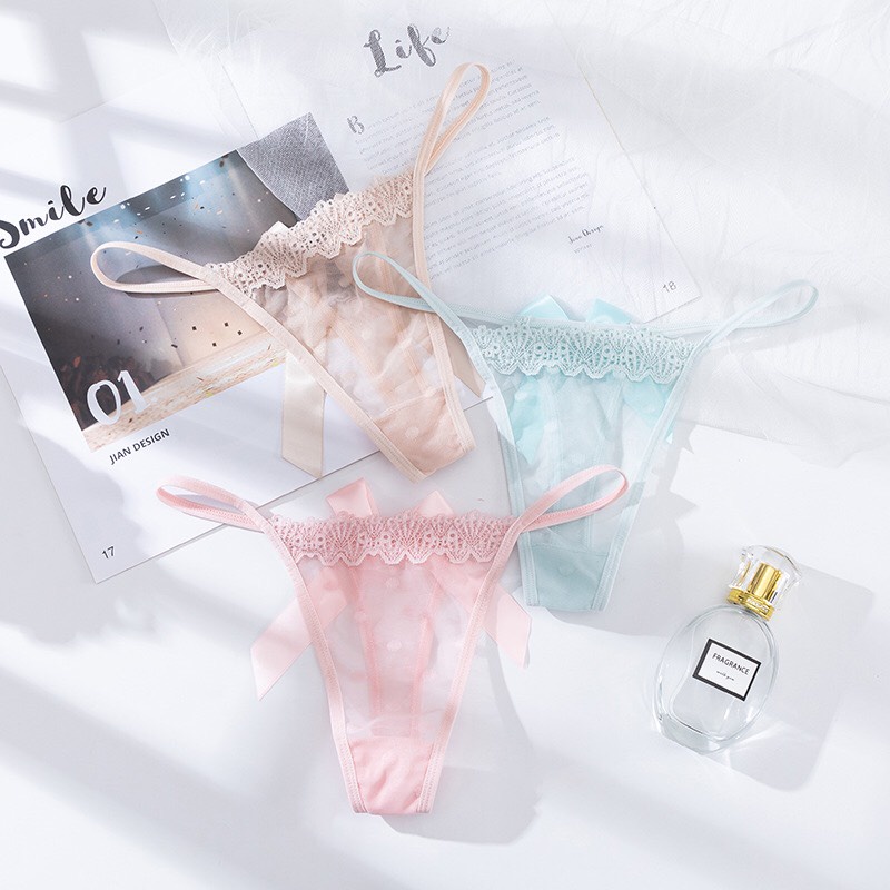 Quần Lót Nữ Ren lọt khe mỏng xuyên thấu dây hai mảnh đính nơ to ở giữa điệu đà sexy quyến rũ mẫu 8605