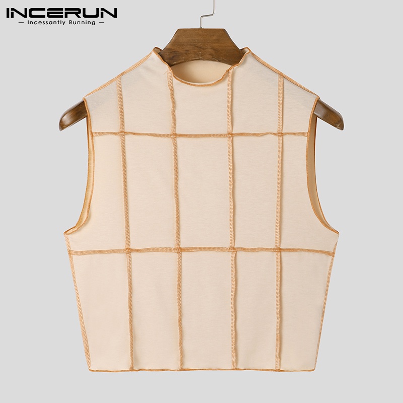 Áo không tay INCERUN thời trang nam phong cách vintage cổ tròn ôm dáng in hoa văn caro