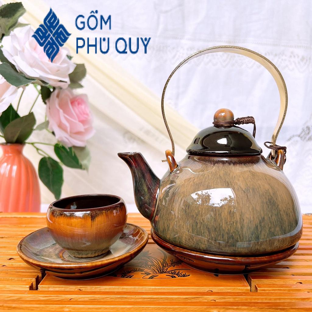 Bộ Ấm Chén Uống Trà 🎁 Gốm Sứ Bát Tràng 🎁 Bộ Ấm Trà,chuông Gấm Cao Cấp Decor Gomphuquy Thh01