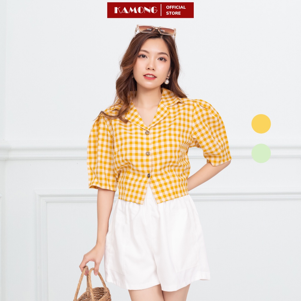 Áo croptop cổ vest caro nơ lưng KAMONG A055