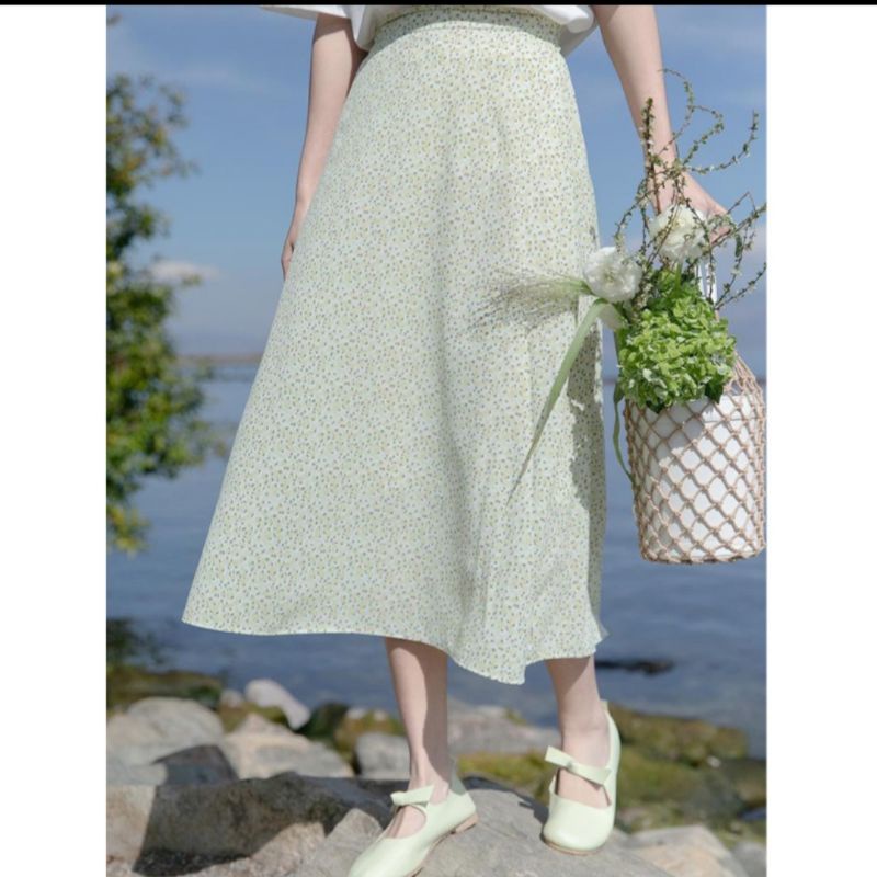 Chân váy hoa nhí chấm bi midi vintage ảnh thật