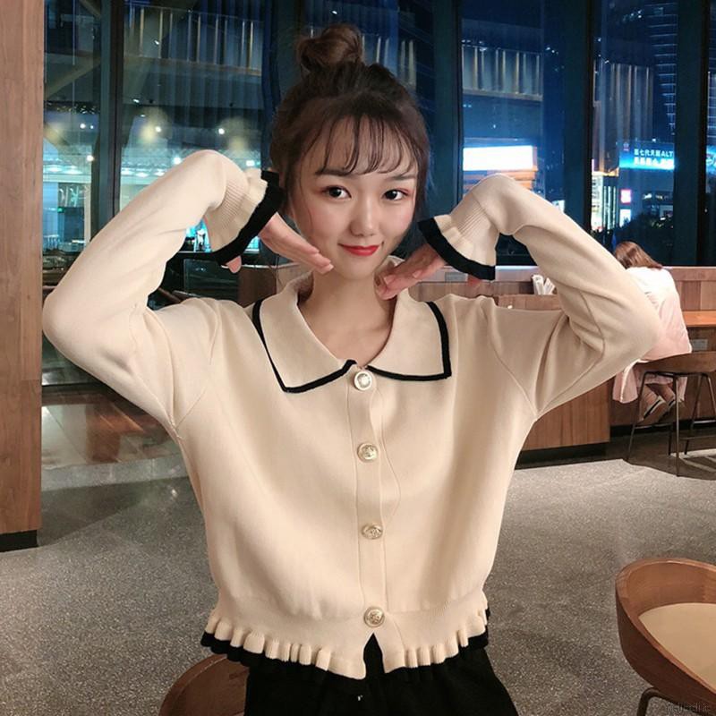 Áo cardigan có hàng nút đơn phối nhún bèo màu sắc thời trang