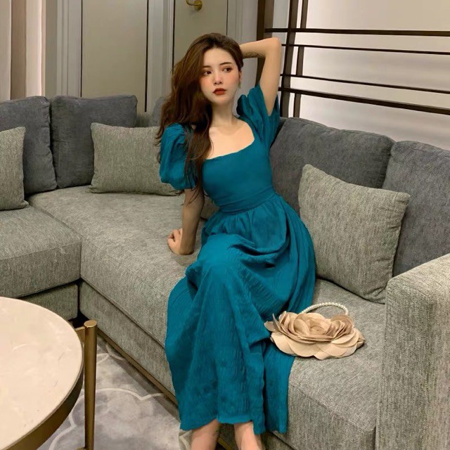 JH Đầm tiểu thư xoè dài hở lưng retro Padris dress màu xanh thời thượng , dịu dàng 0015