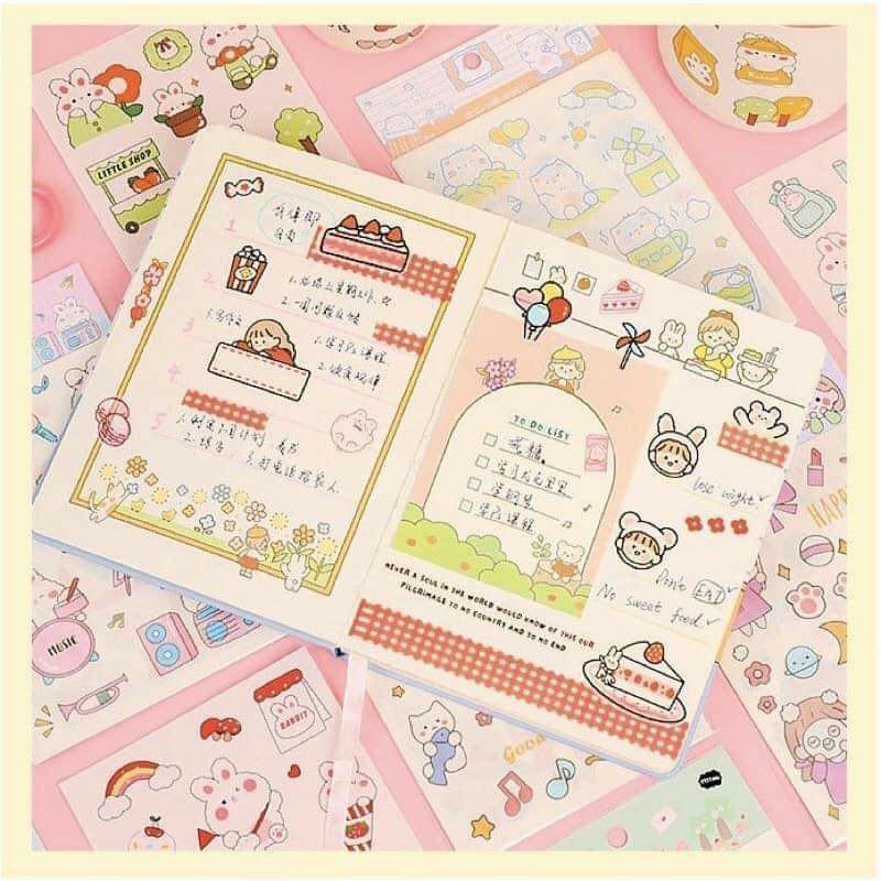 Sticker trang trí set 4 tờ tự cắt dán trang trí sổ dễ thương, dán laptop