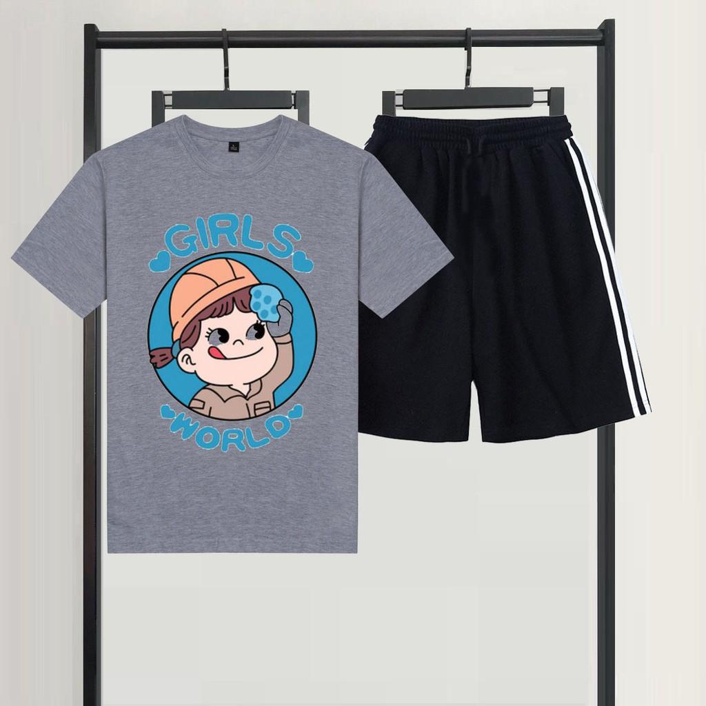 Sét Bộ Đùi Nữ Mặc Ngủ, Mặc Ở Nhà Ngắn , Áo Phông Cotton Mát Mịn In 3D Bé Ăn Bánh Kèm Quần Đùi Ba Sọc