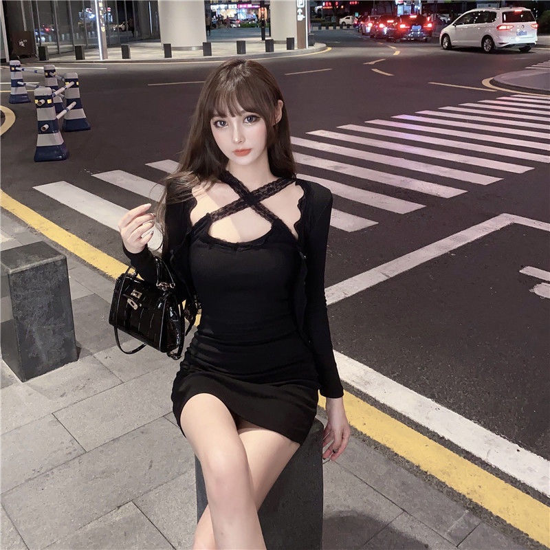 COZOK Set đầm hai dây + áo khoác cardigan tay dài thời trang cho nữ