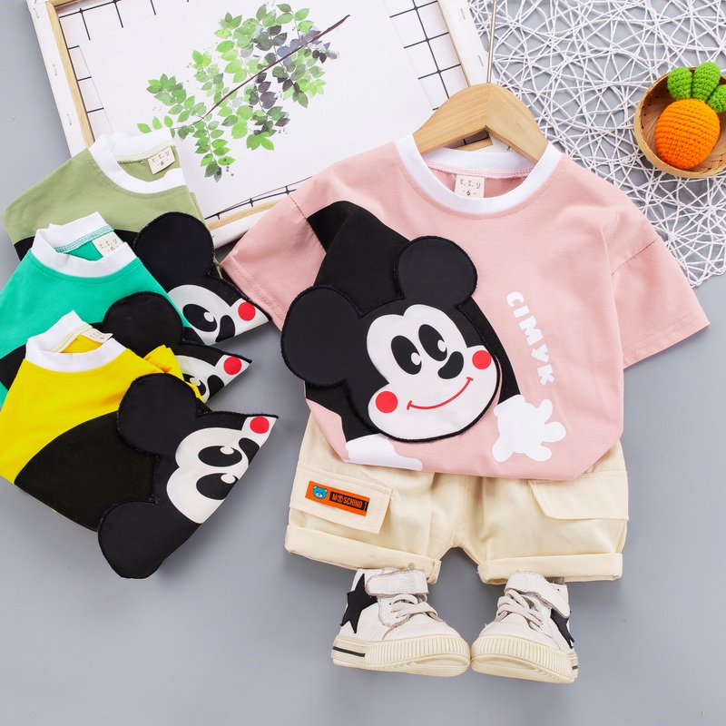 Chàng trai 0-5 tuổi và cô gái hoạt hình áo thun ngắn tay + quần đùi 2 bộ, áo bông chàng trai, bộ đồ đáng yêu của cô gái