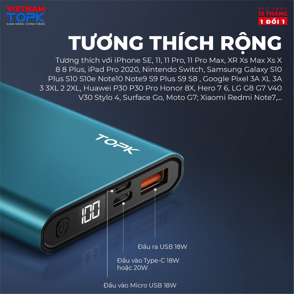 Pin Dự Phòng TOPK I1007P 20W PD QC3.0 10000mAh Sạc Nhanh Hiển Thị Điện Tử