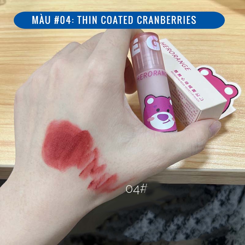 Son Herorange Gấu tím Beckoning Bear Velvet Lip Glaze, son kem lì nội địa Trung