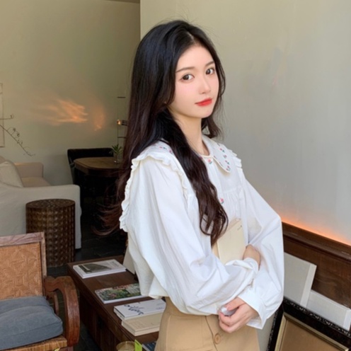 ZHELIHANGFEI Áo Sơ Mi Tay Phồng Cổ Búp Bê Thêu Họa Tiết Phong Cách Preppy Nhật Bản Dễ Phối Đồ