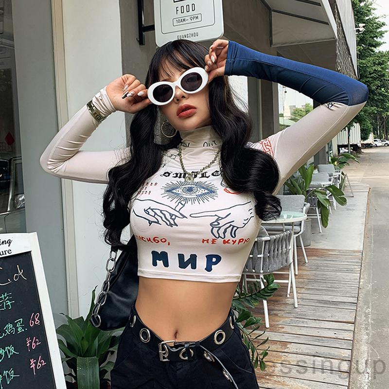 Áo thun dáng ngắn tay dài cổ cao in họa tiết thời trang cá tính cho nữ