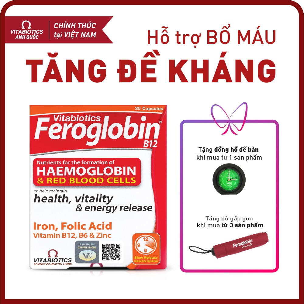 Viên bổ máu Vitabiotics FEROGLOBIN B12 Capsules - H/tr Tăng tạo máu, nâng cao sức đề kháng – CÓ TEM CHÍNH