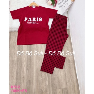 Bộ đồ thun áo chữ paris quần dài caro - đồ bộ suli