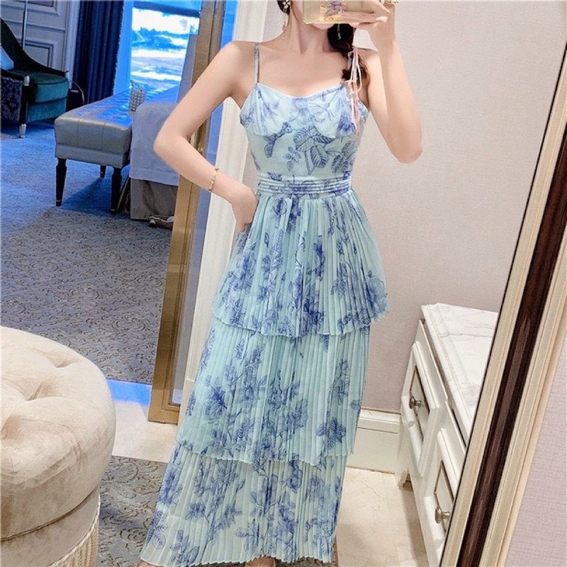 ĐẦM MAXI TẦNG 2 DÂY HOA XANH DẬP LY