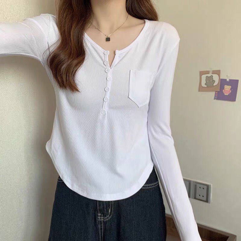 Áo thun mỏng dệt kim tay dài cổ chữ V dáng ôm quyến rũ trẻ trung Chamia