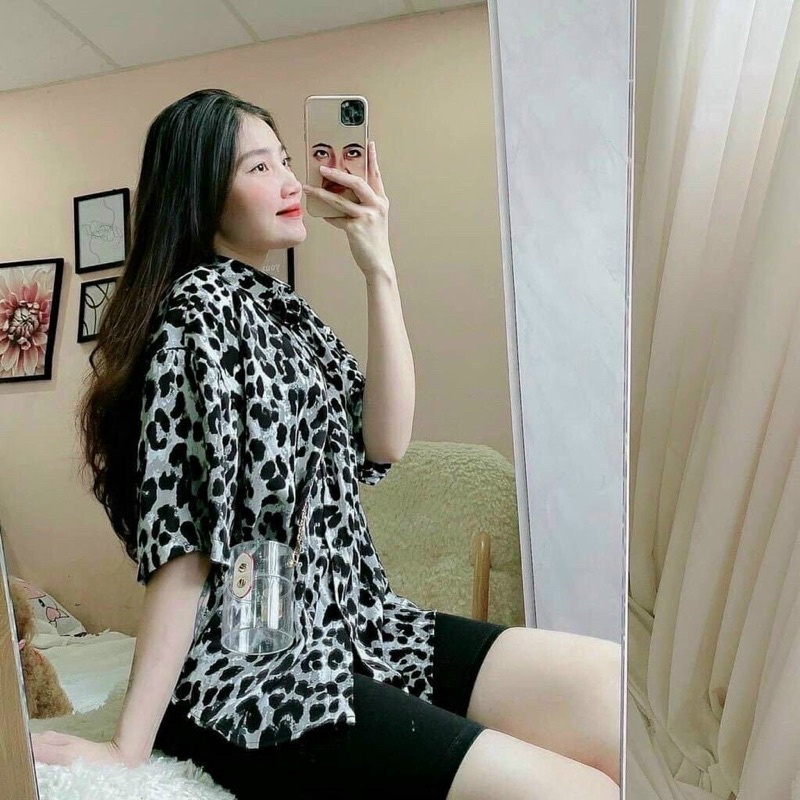 Set áo sơmi beo+ legging ngố - Set sơmi form rộng kèm legging lửng