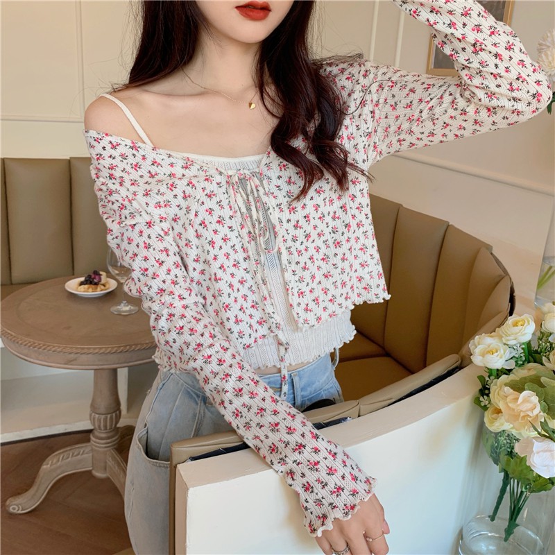 Korean Sweet Slim Sling + Floral Cardigan Sun Protection Two-piece Set | BigBuy360 - bigbuy360.vn