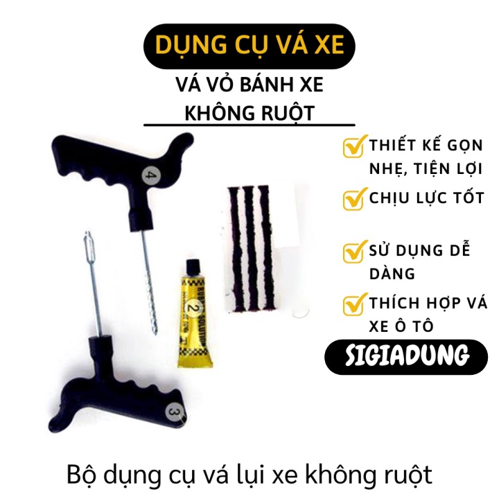 [SGD] Bộ vá xe không ruột - Gồm 1 cây gắp đinh, 1 cây chịu lực để đưa cao su vào, 1 chai keo và 3 cây cao su 3085