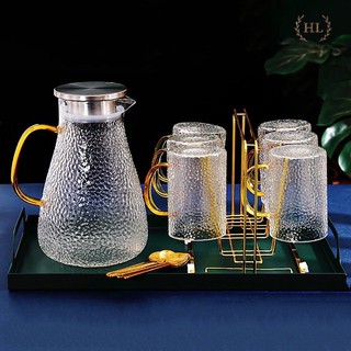 Bộ bình thủy tinh quai tròn kèm 2 cốc sần 300ml ( không có giá và khay)