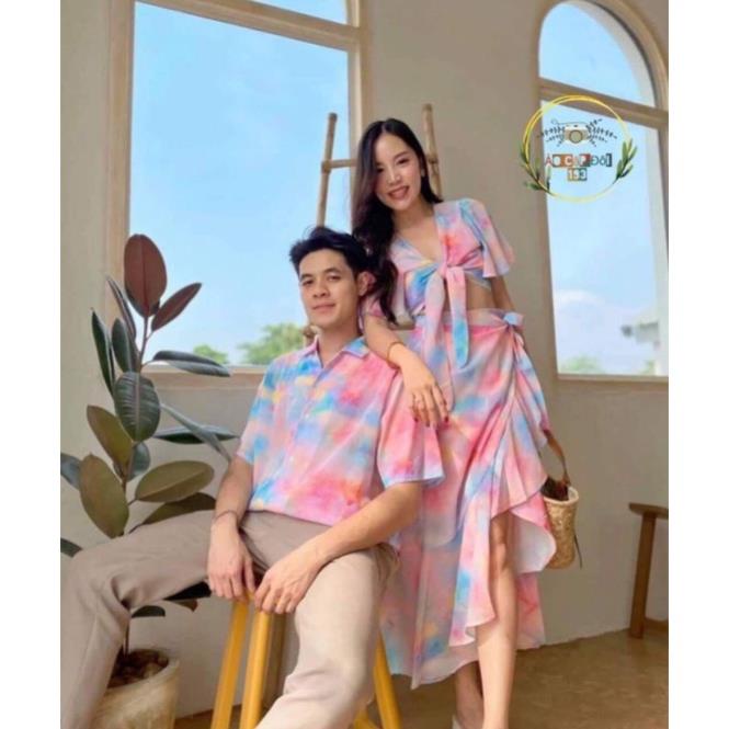 Set đôi đi biển chụp ảnh đẹp: Áo chéo + Chân váy maxi + Sơ mi nam