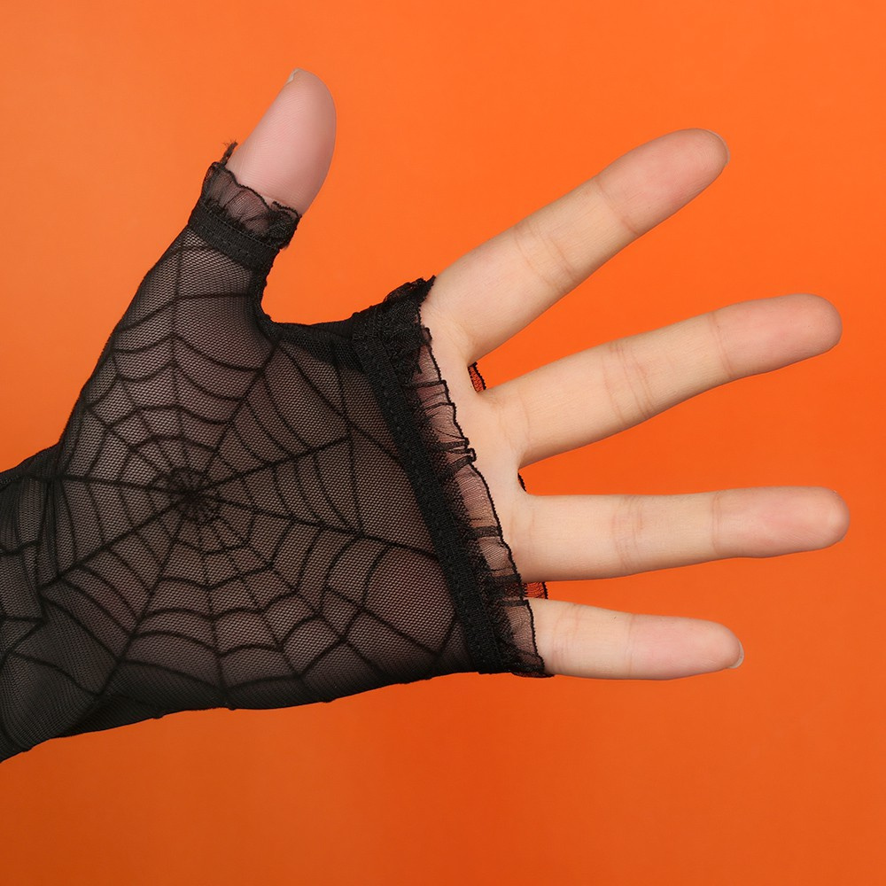 HS 1 Pair of Fancy Dress Up Arm Sleeves Stretchy Gothic Mittens Halloween Gloves Costume Accessory Spider Web Half Finger Cosplay Women Long Gloves