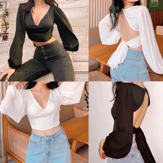 Áo croptop tay phồng cổ xẻ hở lưng nơ đi tiệc đi biển