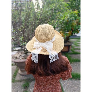 Mũ cói mềm vintage nơ quai ren tiểu thư