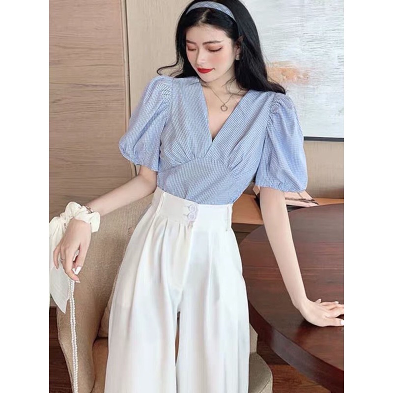 Áo sơ mi caro nhún ngực,tay bồng