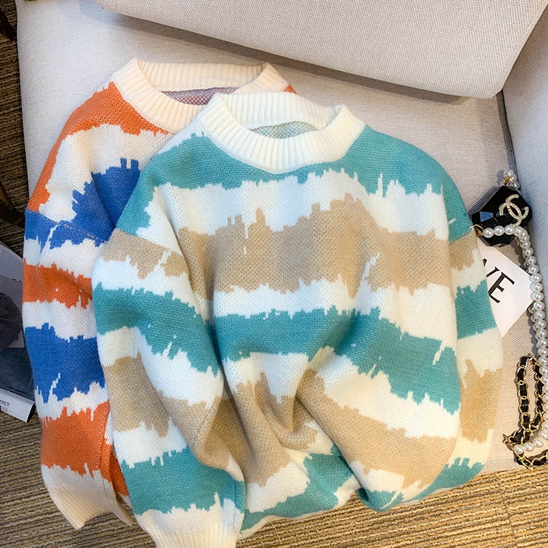 Áo sweater Dáng Rộng Họa Tiết Kẻ Sọc Màu Tương Phản Thời Trang Thu Đông Mới Cho Nữ