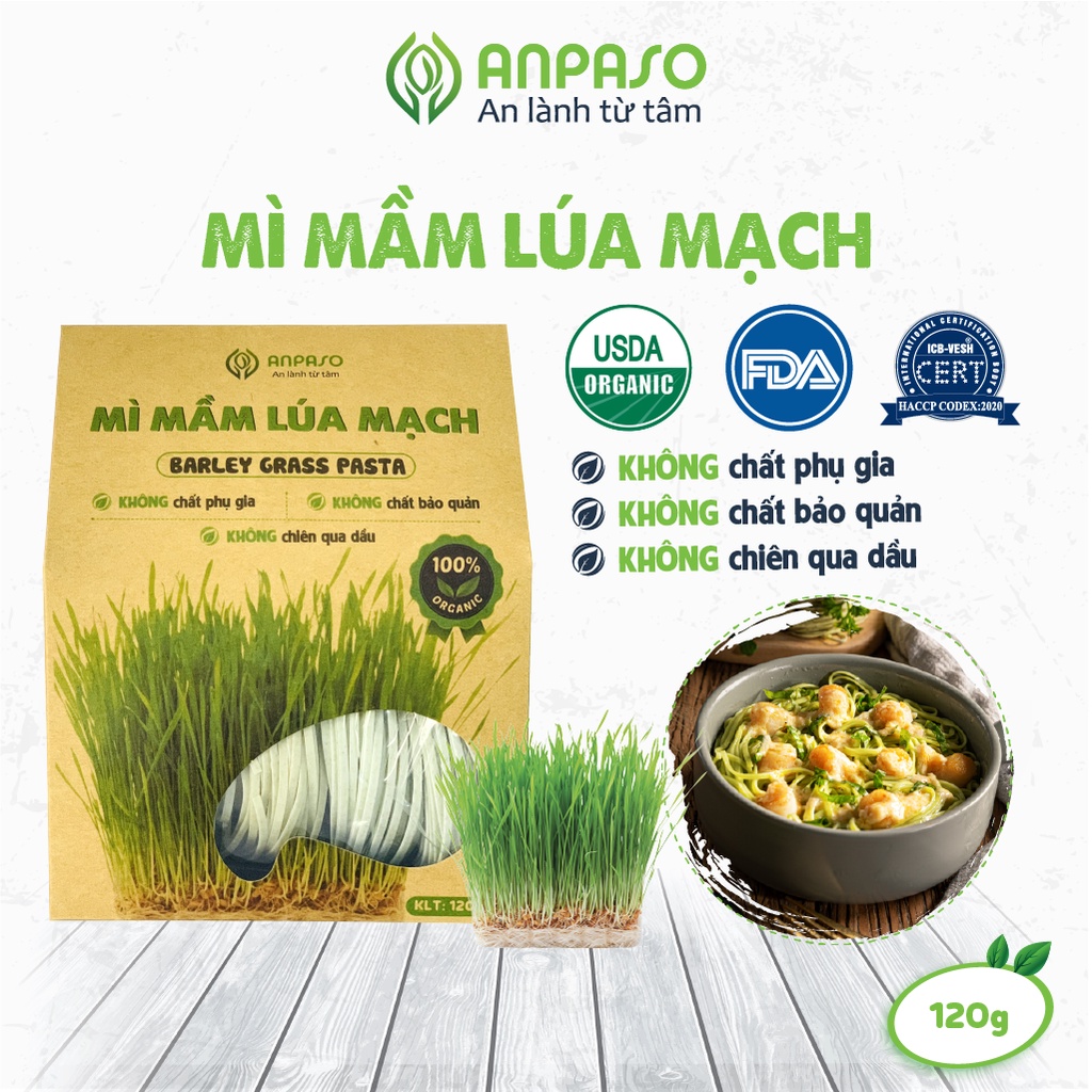 Mì Rau Organic Mầm Lúa Mạch Hữu Cơ Anpaso, Eat clean, Giảm Cân, ăn chay, ăn kiêng, không chiên nóng 120g