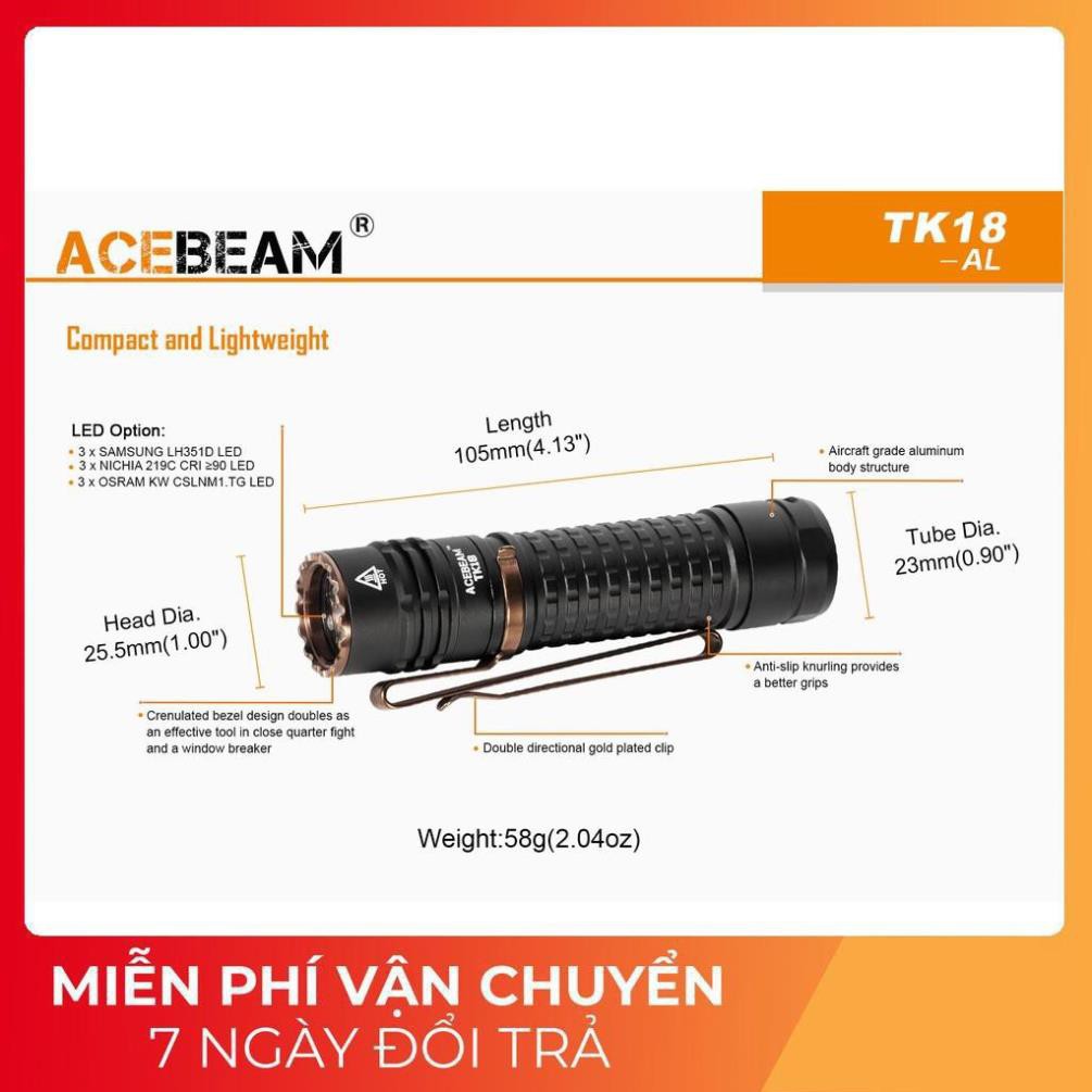 [HÀNG ĐẶC CHỦNG] Đèn pin và đèn sạc ACEBEAM TK18 - Độ sáng 3000 lumen xa 156m sử dụng pin18650 (không kèm pin)