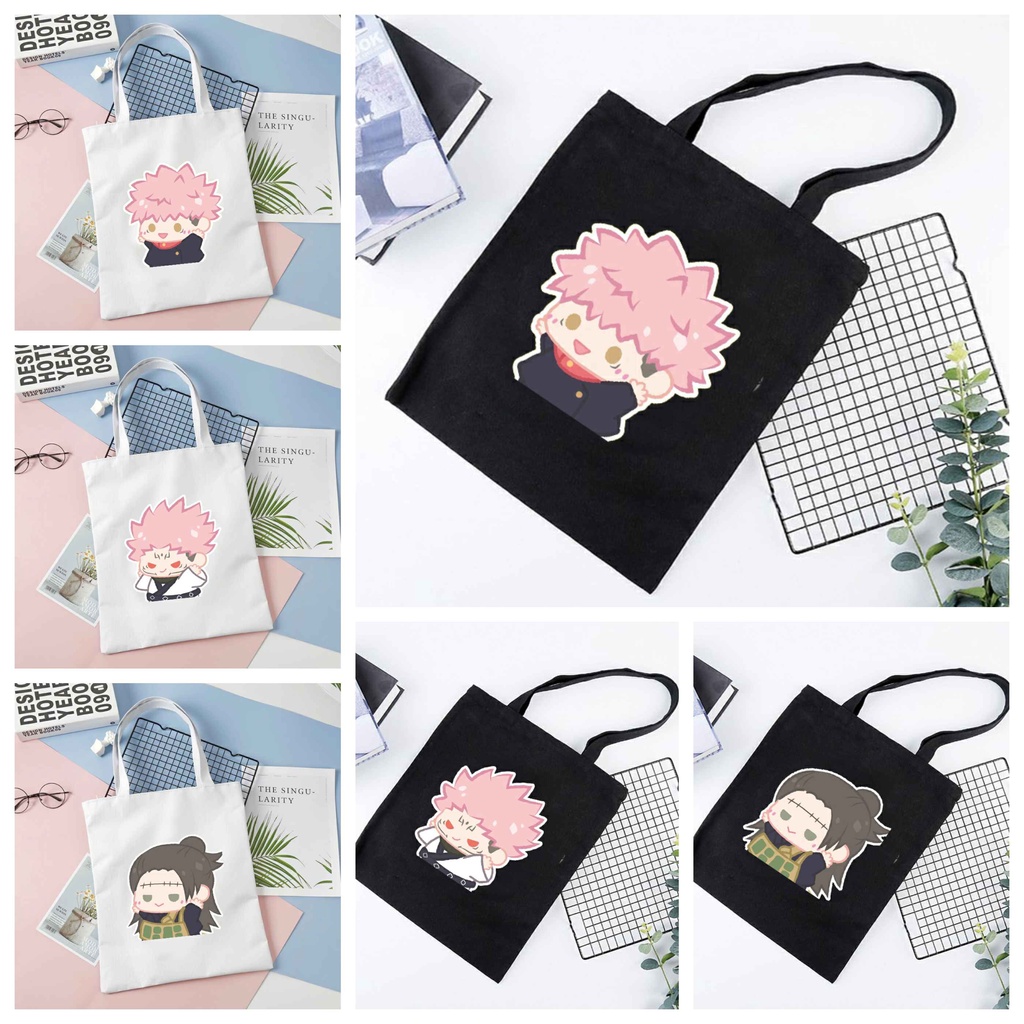 Túi tote vải đen trắng in hình JUJUTSU KAISEN VER TẬP THỂ DỤC anime chibi dễ thương