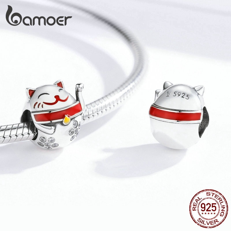 Hạt Charm Bamoer Bằng Bạc 925 Hình Mèo May Mắn Tráng Men Dùng Làm Vòng Tay Cho Nữ 3mm