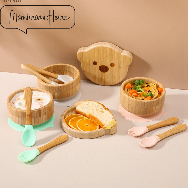 Set tô muỗng nĩa MAMIMAMIHOME gỗ tre có giác hút tập ăn an toàn dành cho trẻ em